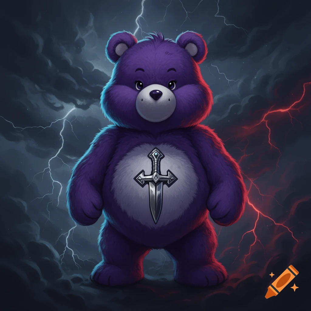A purple, Care Bear-like character with a dagger on its stomach, stands in a stormy setting with lightning.