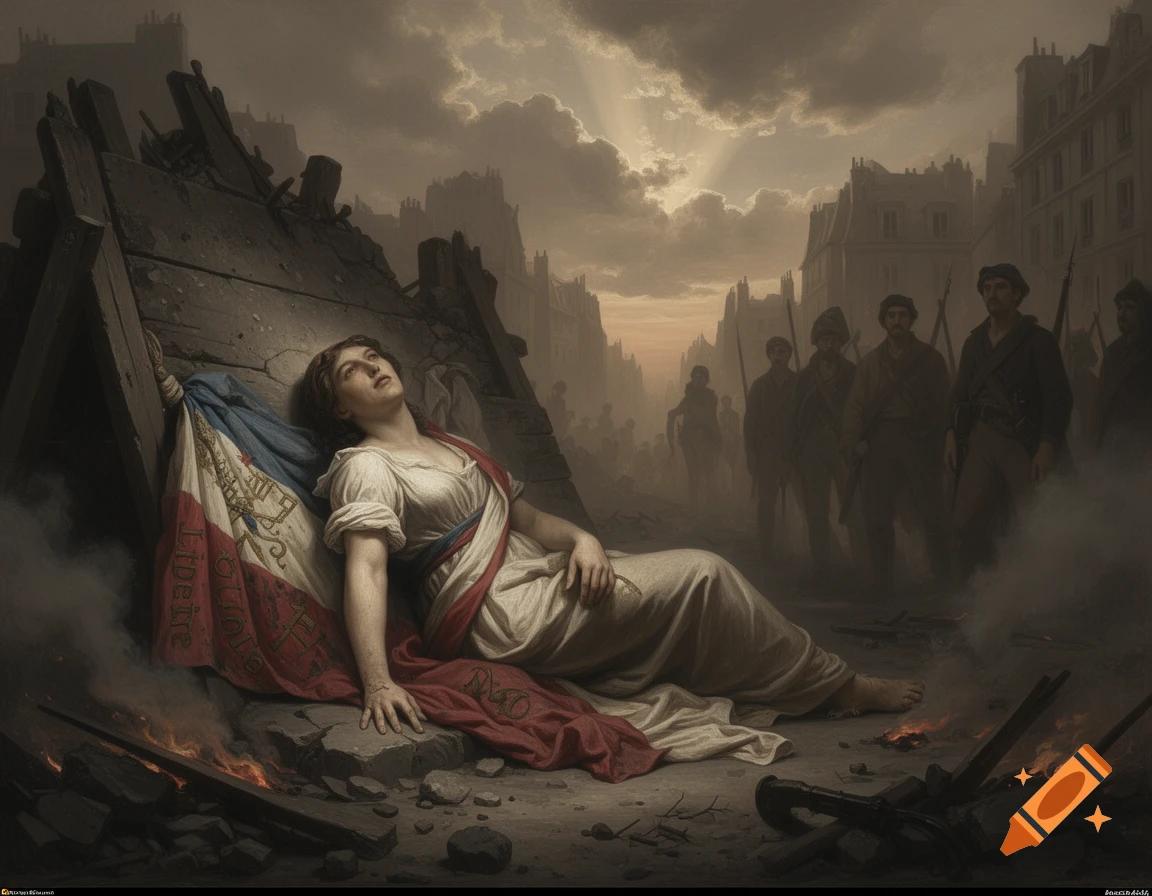 A dead woman representing Liberty lies on a barricade with a French flag; soldiers walk through a ruined city under a cloudy sky in a classical painting style.