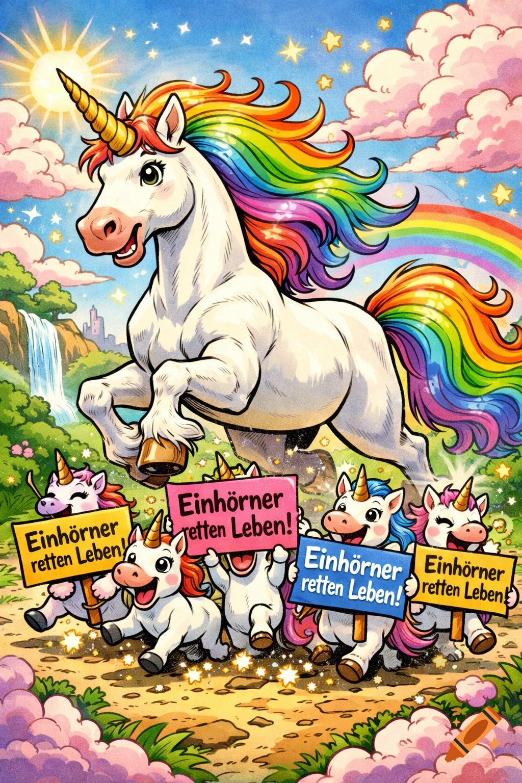 A vibrant cartoon of a large white unicorn with a rainbow mane and tail prancing over smaller, cute unicorns holding signs that read "Einhörner retten Leben!" (Unicorns save lives!).