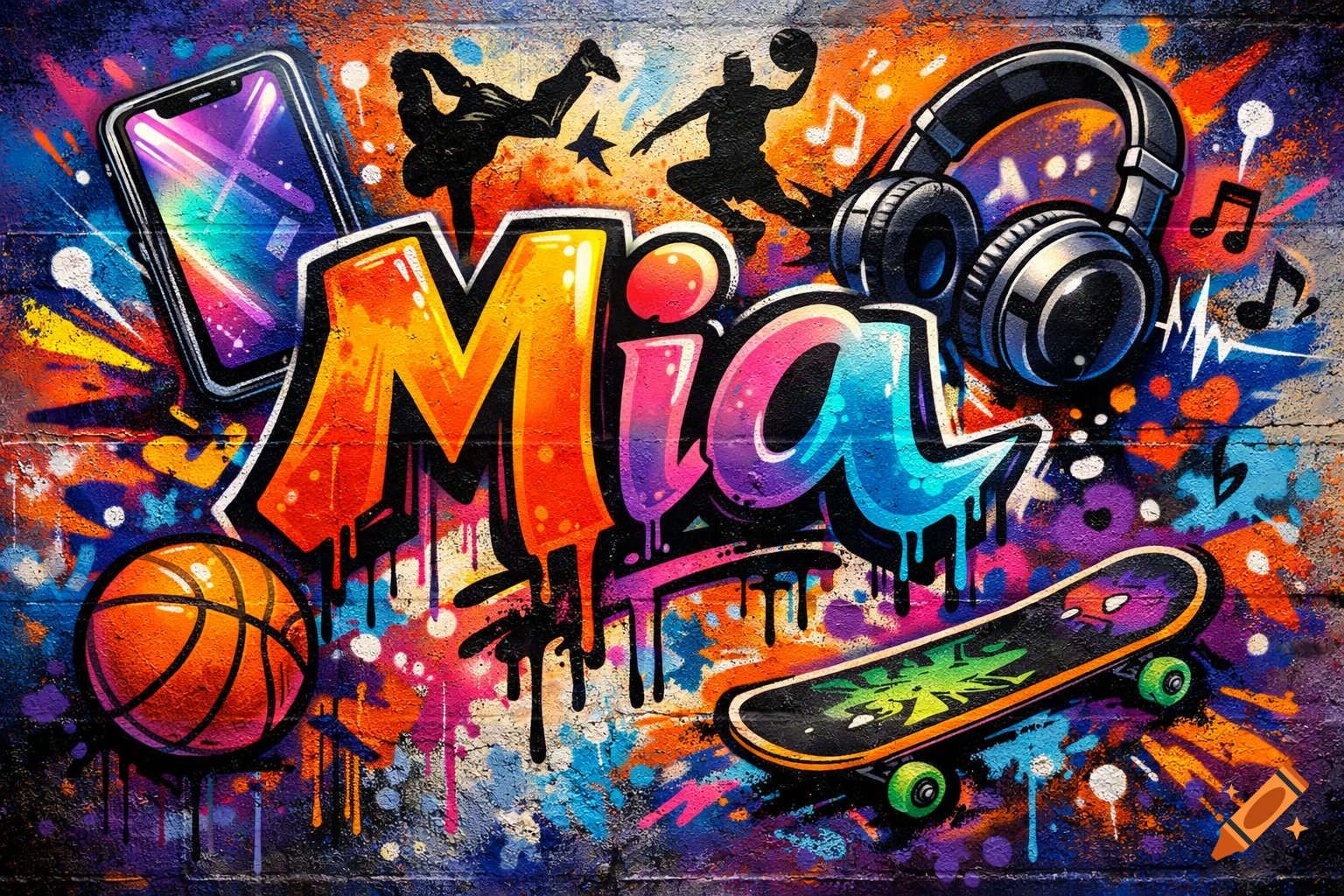 Colorful graffiti art on a brick wall featuring the name Mia, a smartphone, headphones, basketball, skateboard, and silhouetted figures.