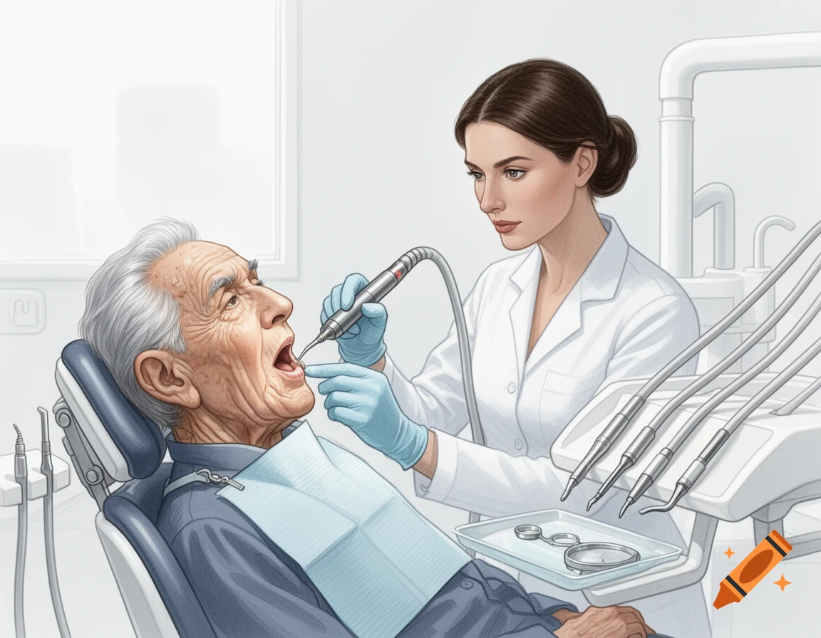 An illustration of a female dentist examining an elderly male patient's open mouth in a dental chair.