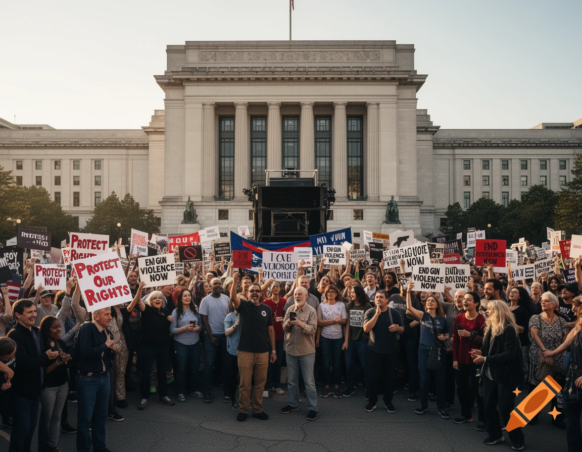A large crowd of diverse people holding protest signs in front of a grand building with columns, demonstrating for and against gun regulation.