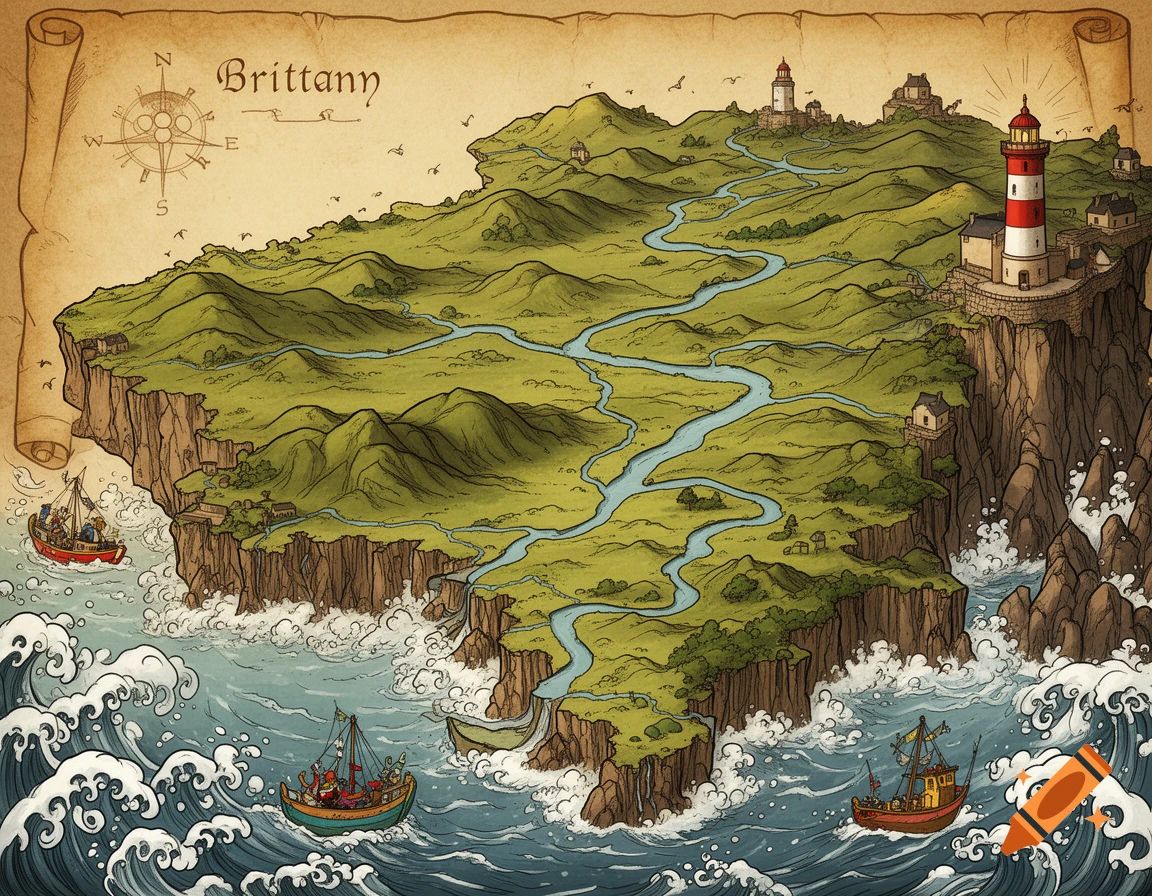 A stylized comic book map of Brittany on aged parchment, showing green hills, rivers, lighthouses, and fishing boats on the wavy sea.