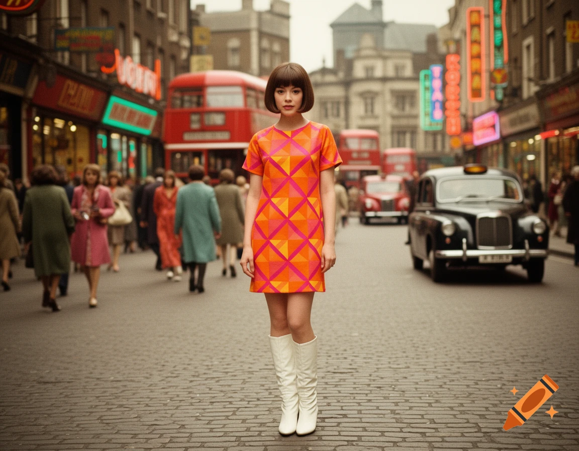 A woman in a vibrant geometric patterned dress and white go-go boots stands on a cobblestone street in 1960s London, with red double-decker buses and black cabs in the background.