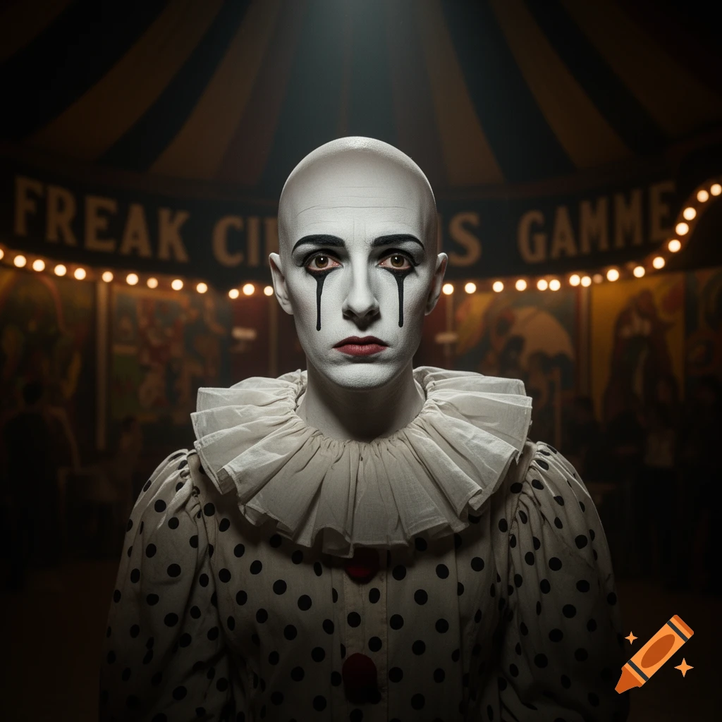A bald person with white Pierrot clown makeup and black tear streaks wears a polka dot costume with a ruffled collar in a dim circus tent.