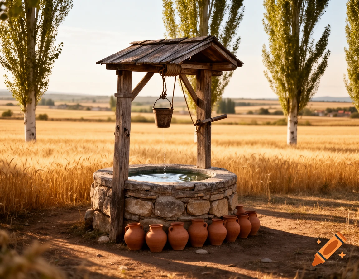 A rustic stone water well with a wooden roof and hanging bucket stands in a golden wheat field at sunset, with terracotta pots at its base.