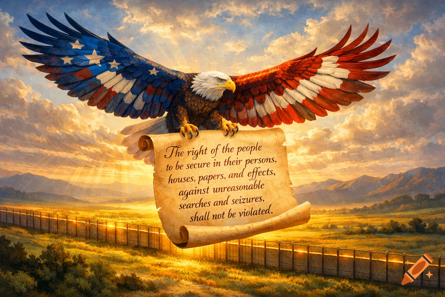 A patriotic eagle with American flag wings carries a scroll inscribed with the Fourth Amendment over a sunlit landscape.