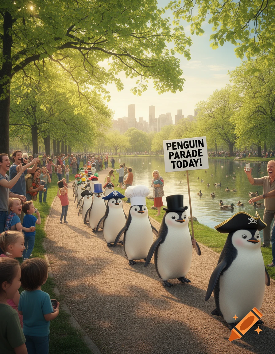 A line of anthropomorphic penguins in various hats parade down a path in a sunny city park, with a crowd of people watching.