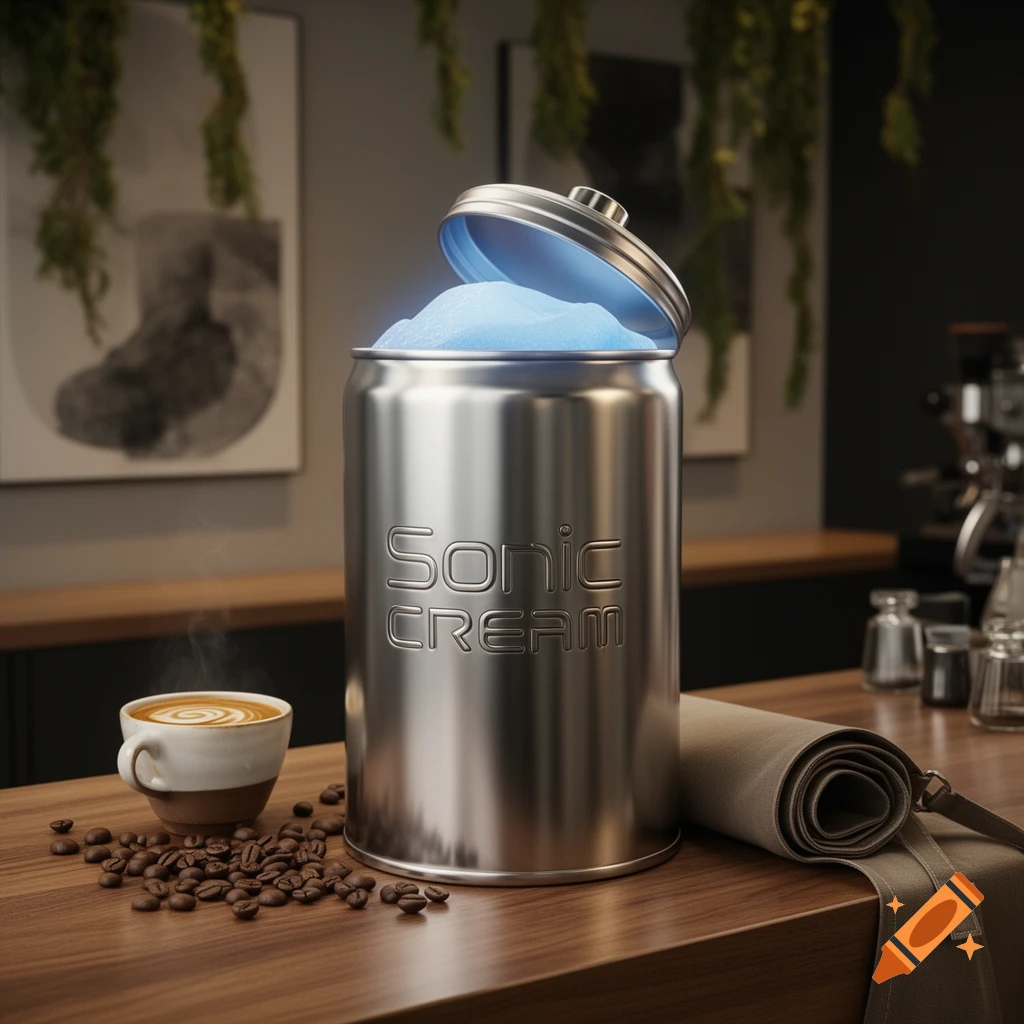 A shiny metal can labeled "Sonic CREAM" with glowing blue contents, a coffee cup, and beans on a wooden cafe counter. Photorealistic.