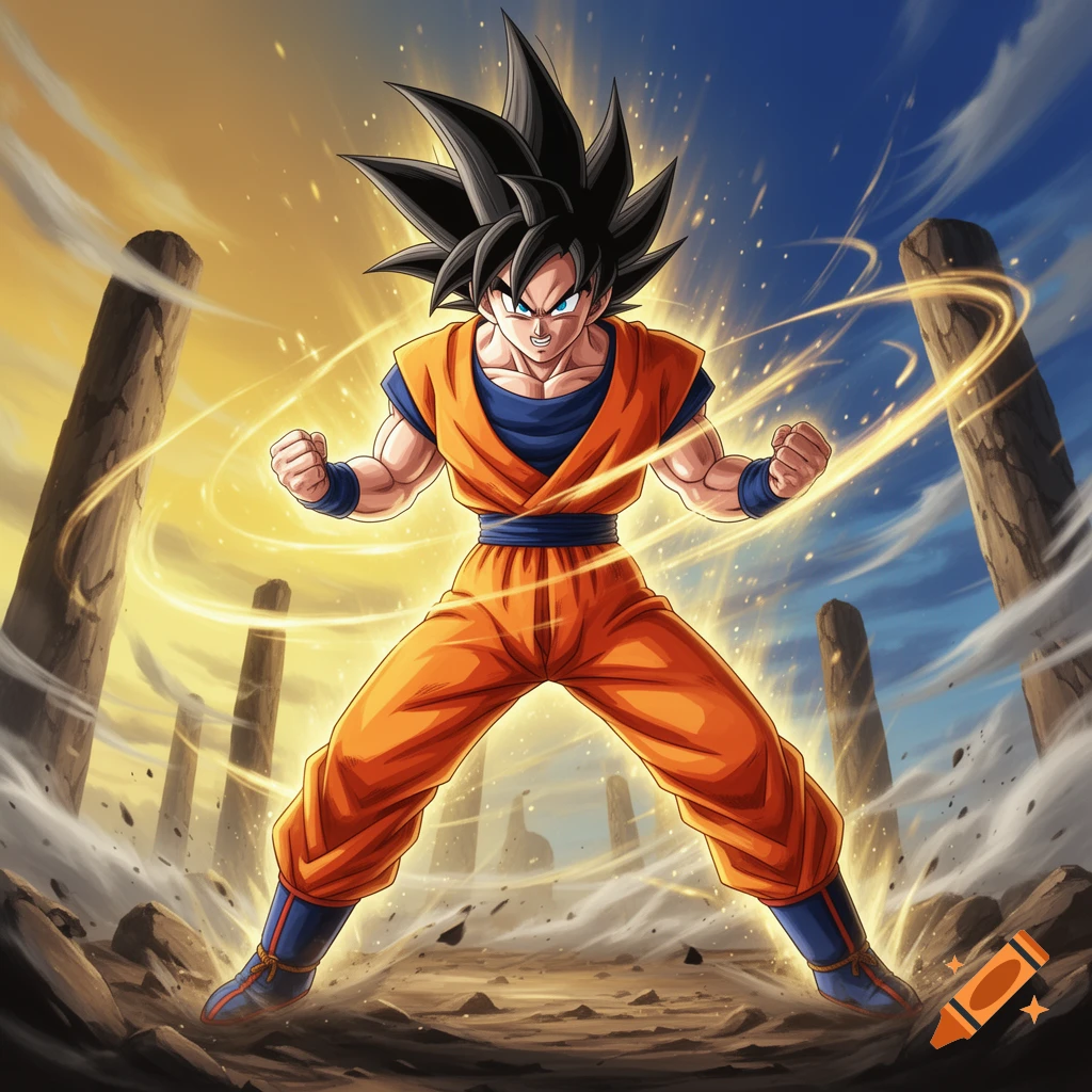 Goku in an anime style, powered up with golden energy amidst a rocky, desolate landscape and broken pillars.