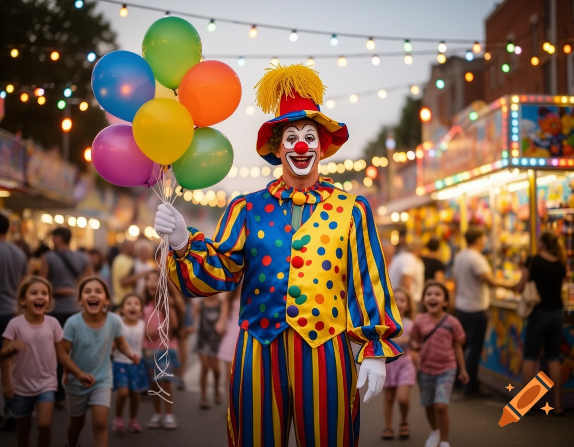 A smiling clown in a colorful costume holds balloons at a bustling carnival, with happy children in the foreground.