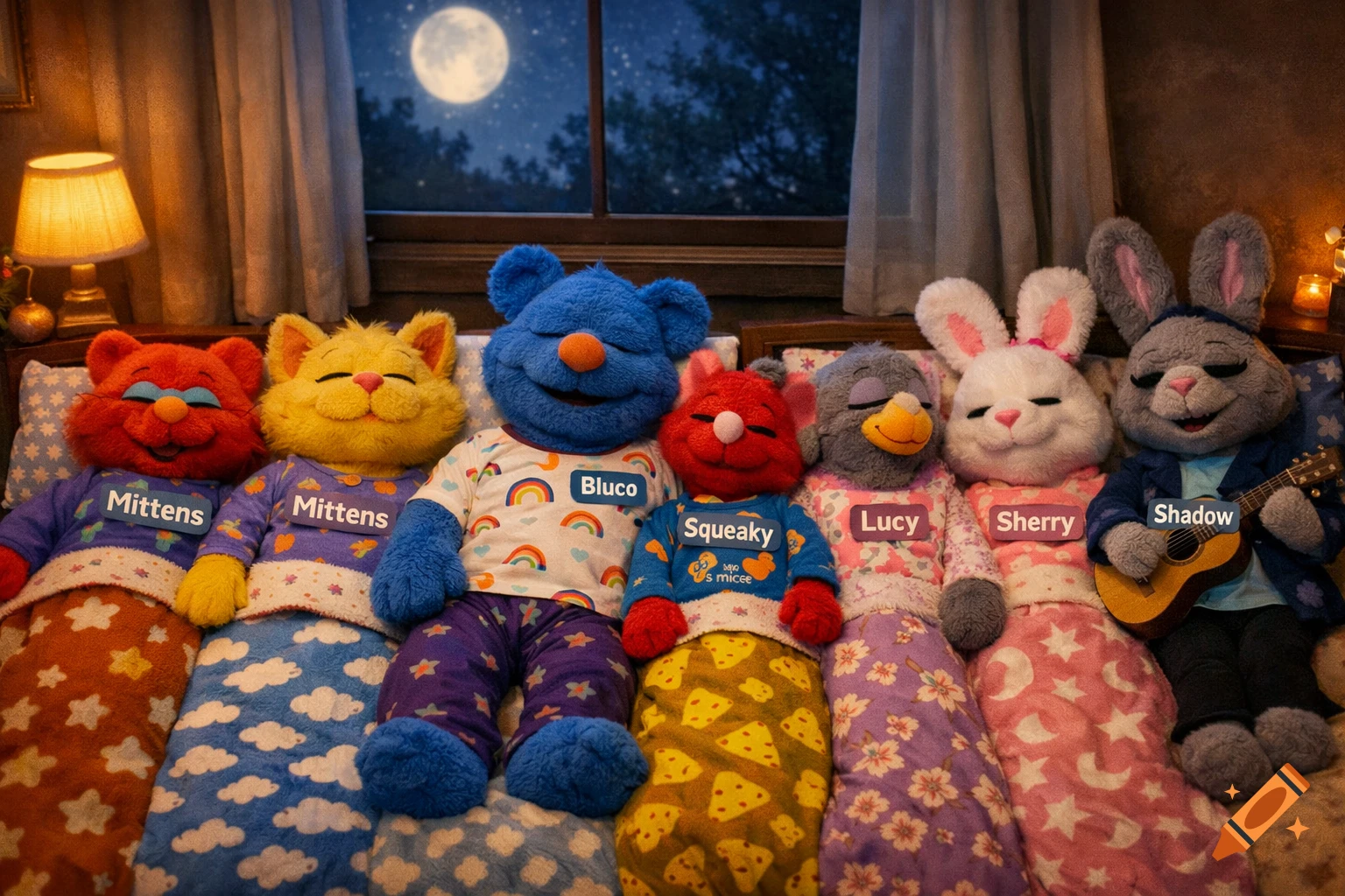 Seven colorful muppet-like plush characters in pajamas are lined up in a bed, under a full moon shining through a window.