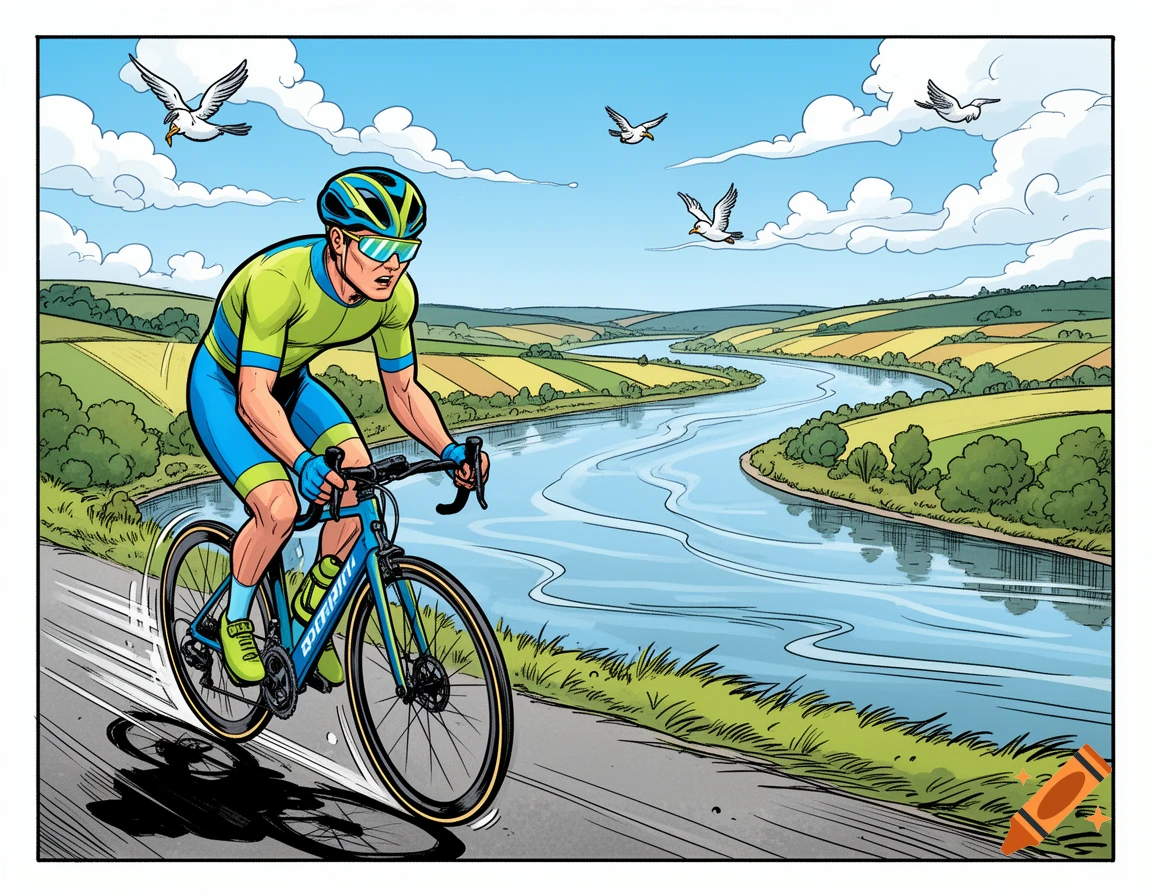Comic illustration of a male road cyclist in a blue and green uniform, riding a blue bike along a river with green hills and a blue sky.