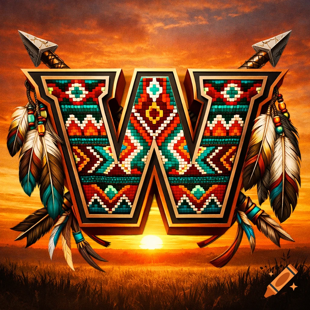 A stylized letter W with colorful Native American patterns and attached feathers and arrows, set against a sunset over a field.
