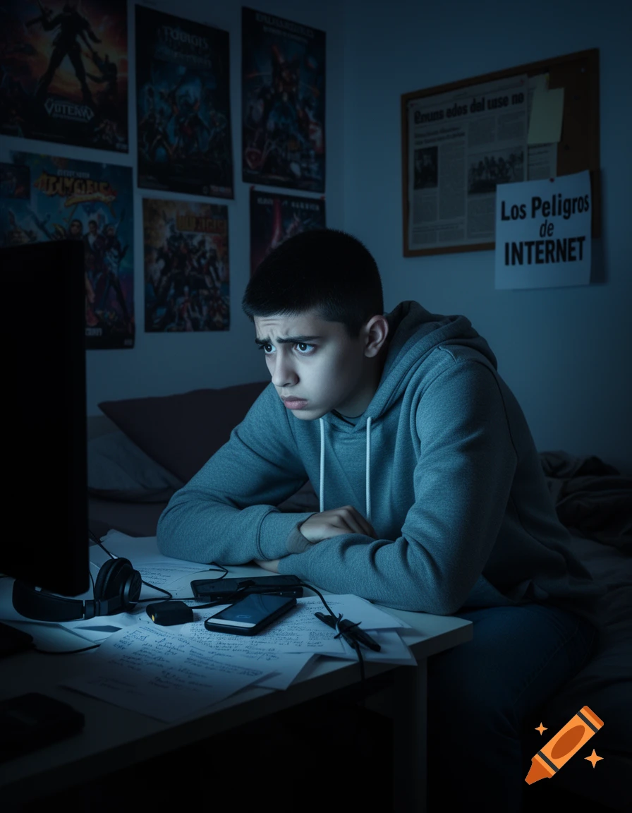 A worried young boy sits in a dimly lit bedroom, eyes fixed on a computer screen, with 'The Dangers of the Internet' sign visible.