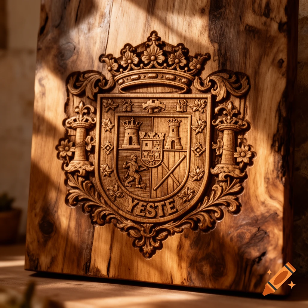 Detailed wooden carving of a royal-crested coat of arms featuring two towers, a lion, and the word 'YESTE' at the bottom.