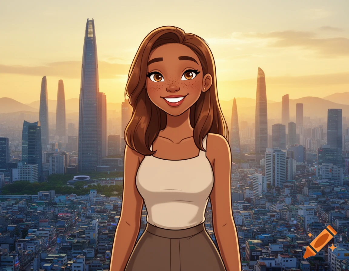 Animated woman with brown hair and freckles smiling over a sprawling cityscape of Seoul at sunset.