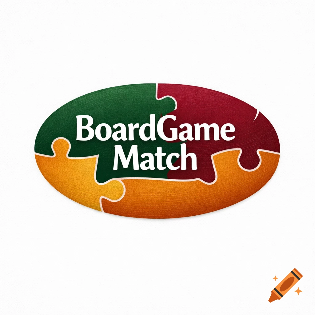 An oval logo made of three interlocking puzzle pieces: a green one, a maroon one, and an orange one. White text reads "BoardGame Match".