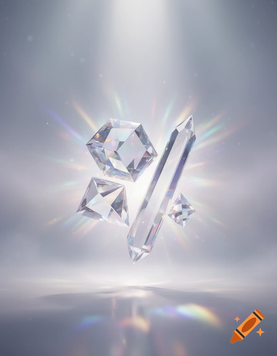 Multiple faceted crystals and a long crystal prism reflecting light and casting colorful refractions on a reflective surface.