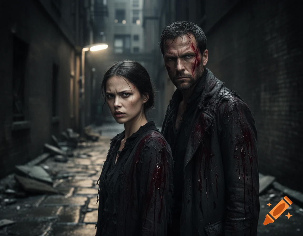 A grim-faced man and woman, both stained with blood, stand in a dark, debris-filled alleyway under a dim light, photorealistic style.