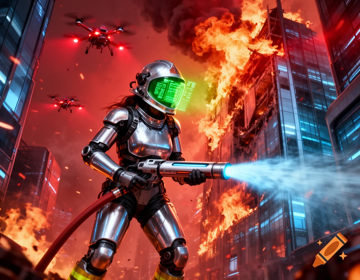 A futuristic firefighter in silver armor battles a raging inferno in a city with glowing drones overhead.