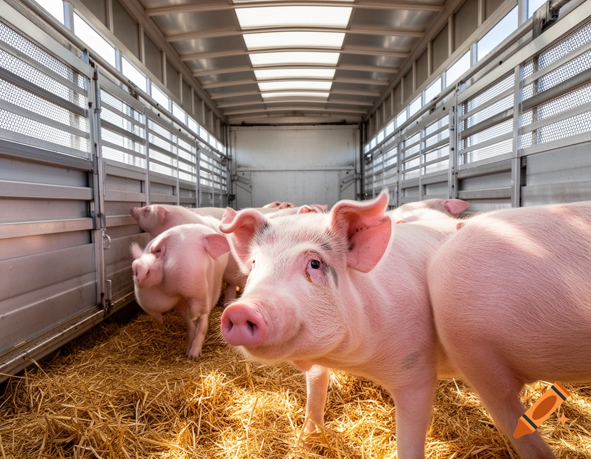 Pink pigs standing on straw inside a well-lit metal animal transport truck, photorealistic.