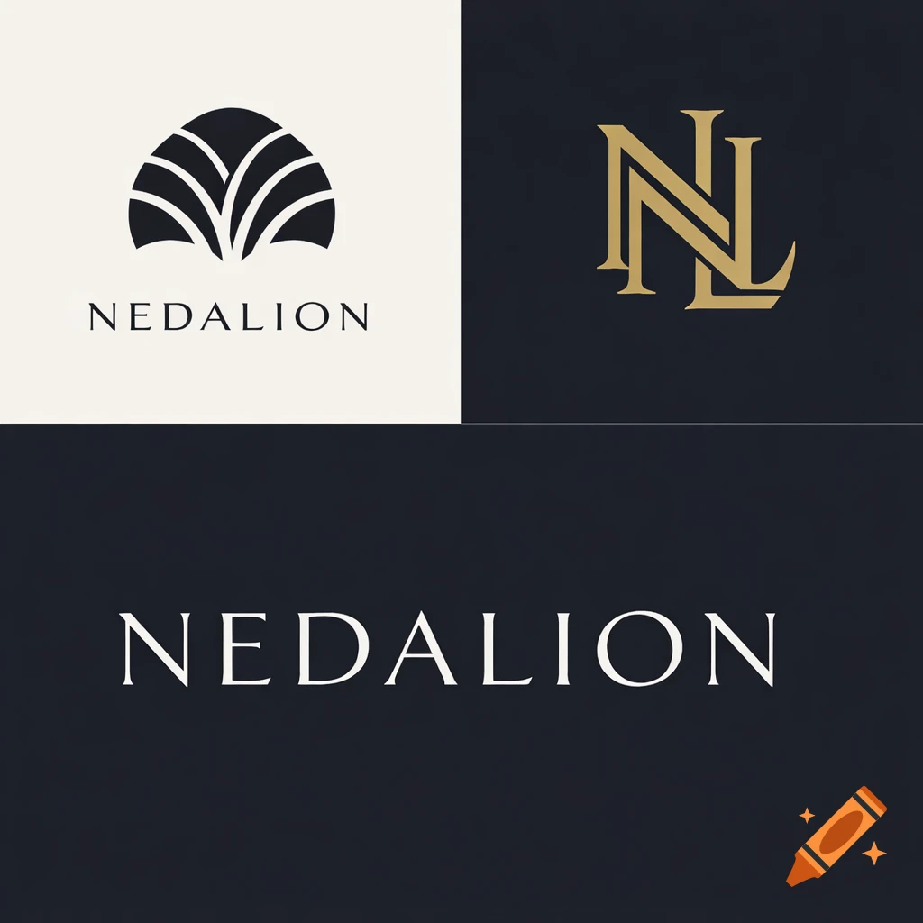 Three minimalist luxury logos for Nedalion: an abstract black icon, a gold 'NL' monogram, and a wordmark.
