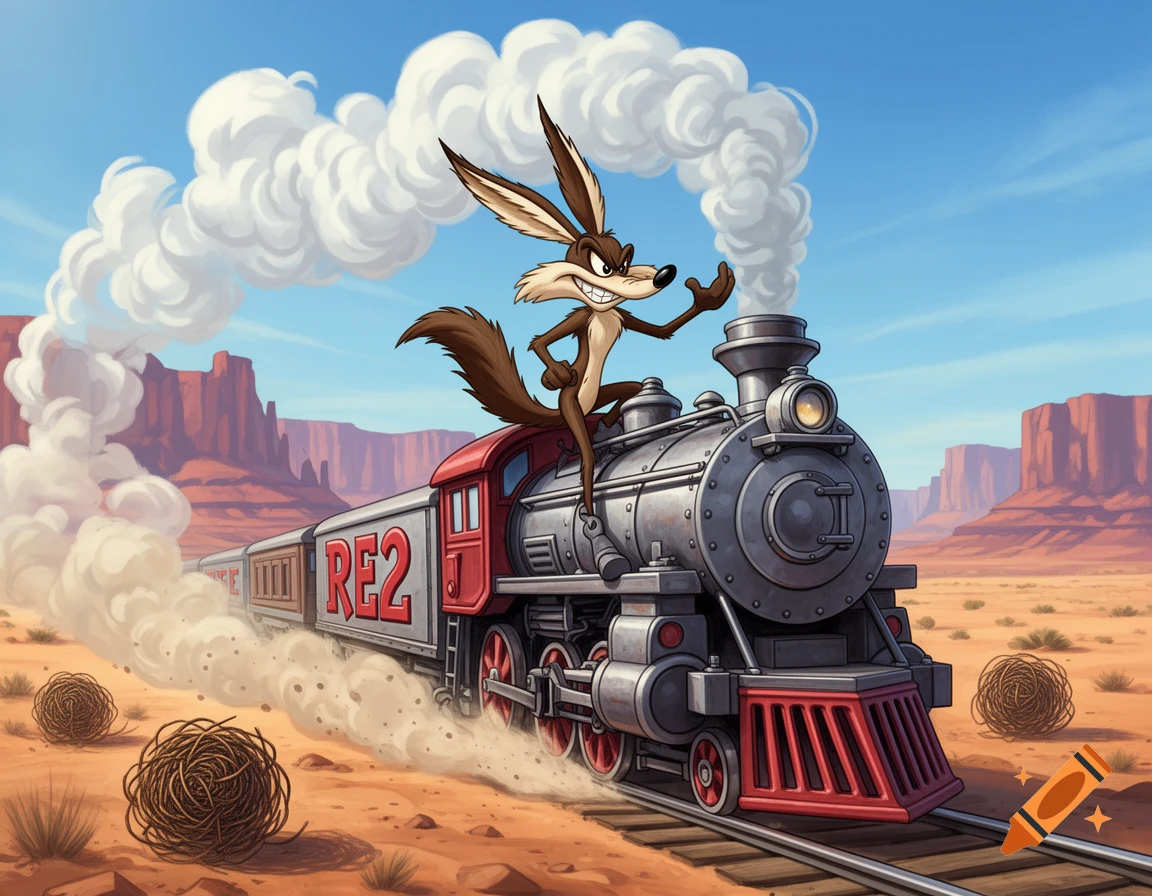 Wile E. Coyote stands on a speeding cartoon train, blowing smoke and dust through a desert landscape with mesas and tumbleweeds.