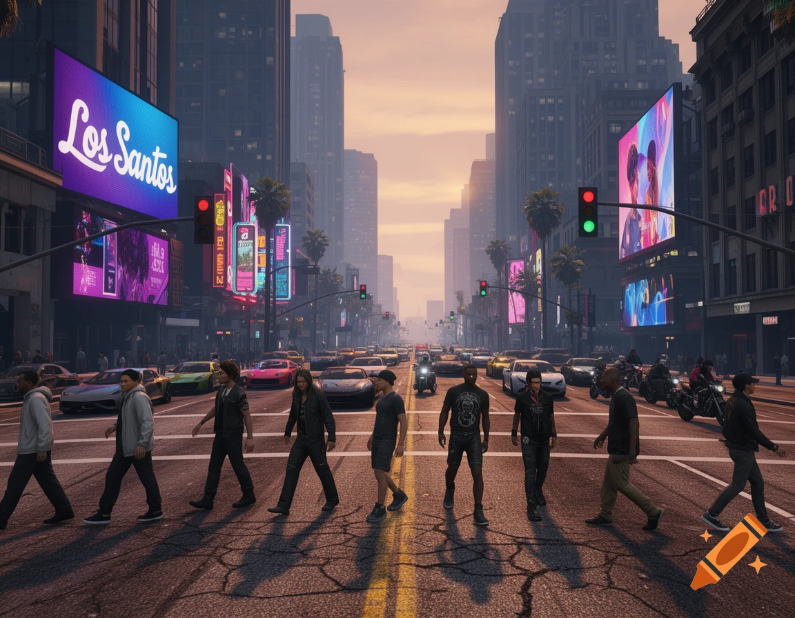 Pedestrians cross a bustling city street at dusk, flanked by skyscrapers and vibrant billboards, including one for 'Los Santos', in a video game style.