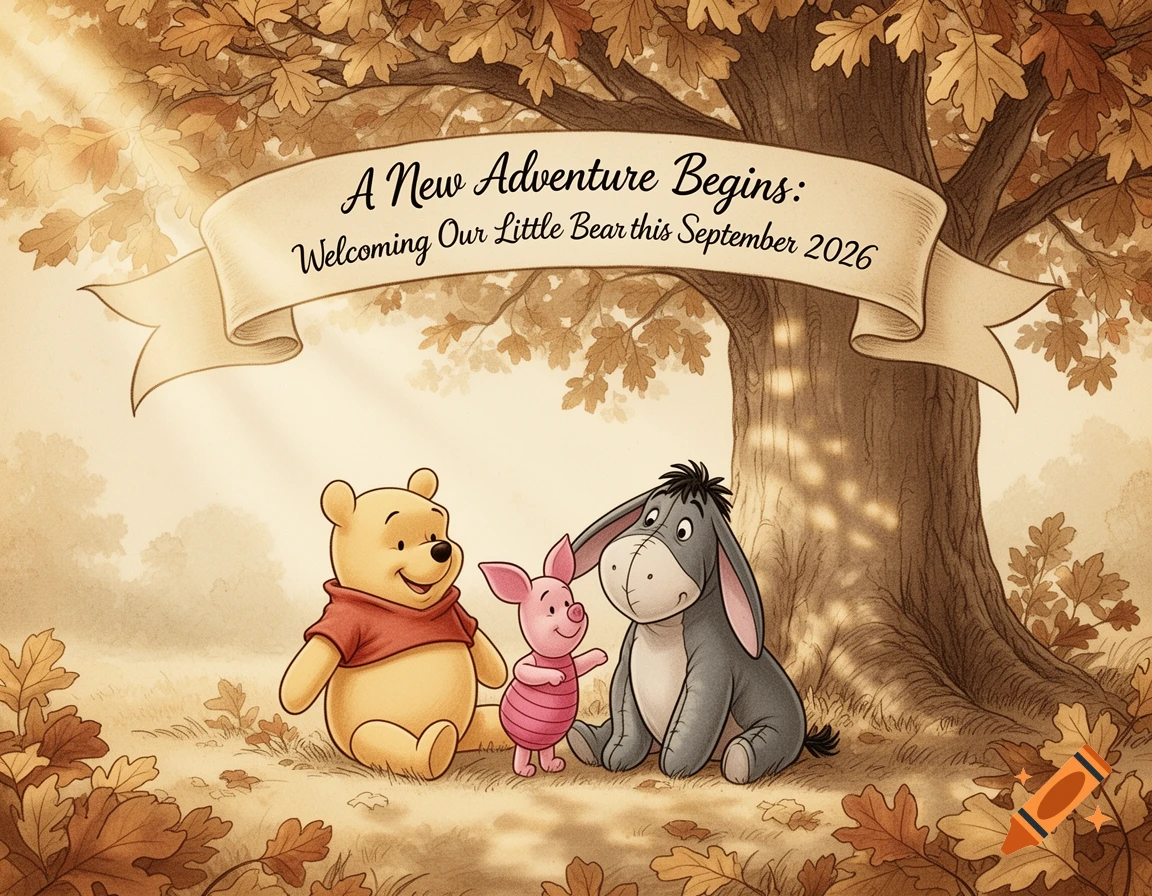 Vintage illustration of Winnie the Pooh, Piglet, and Eeyore under an autumn tree, announcing 'Welcoming Our Little Bear this September 2026'.