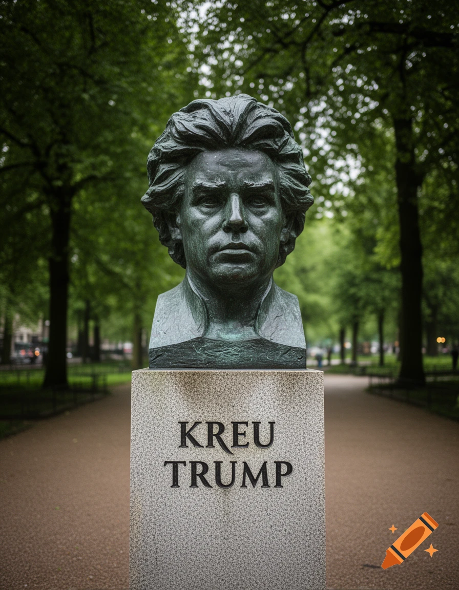 A bronze bust of a serious-looking man with curly hair on a stone pedestal inscribed with 'KREU TRUMP', set in a lush green park.