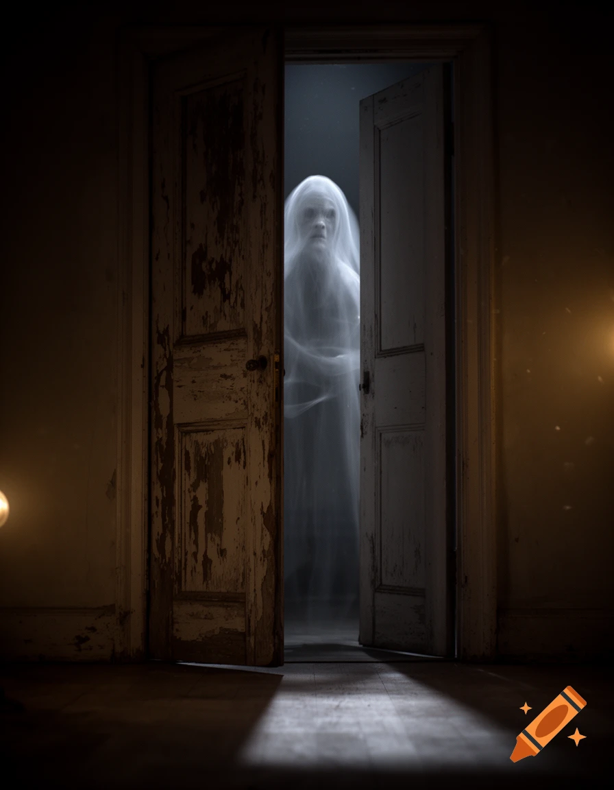 A gaunt, translucent ghost appears from a dark, decaying doorway into a dimly lit room.