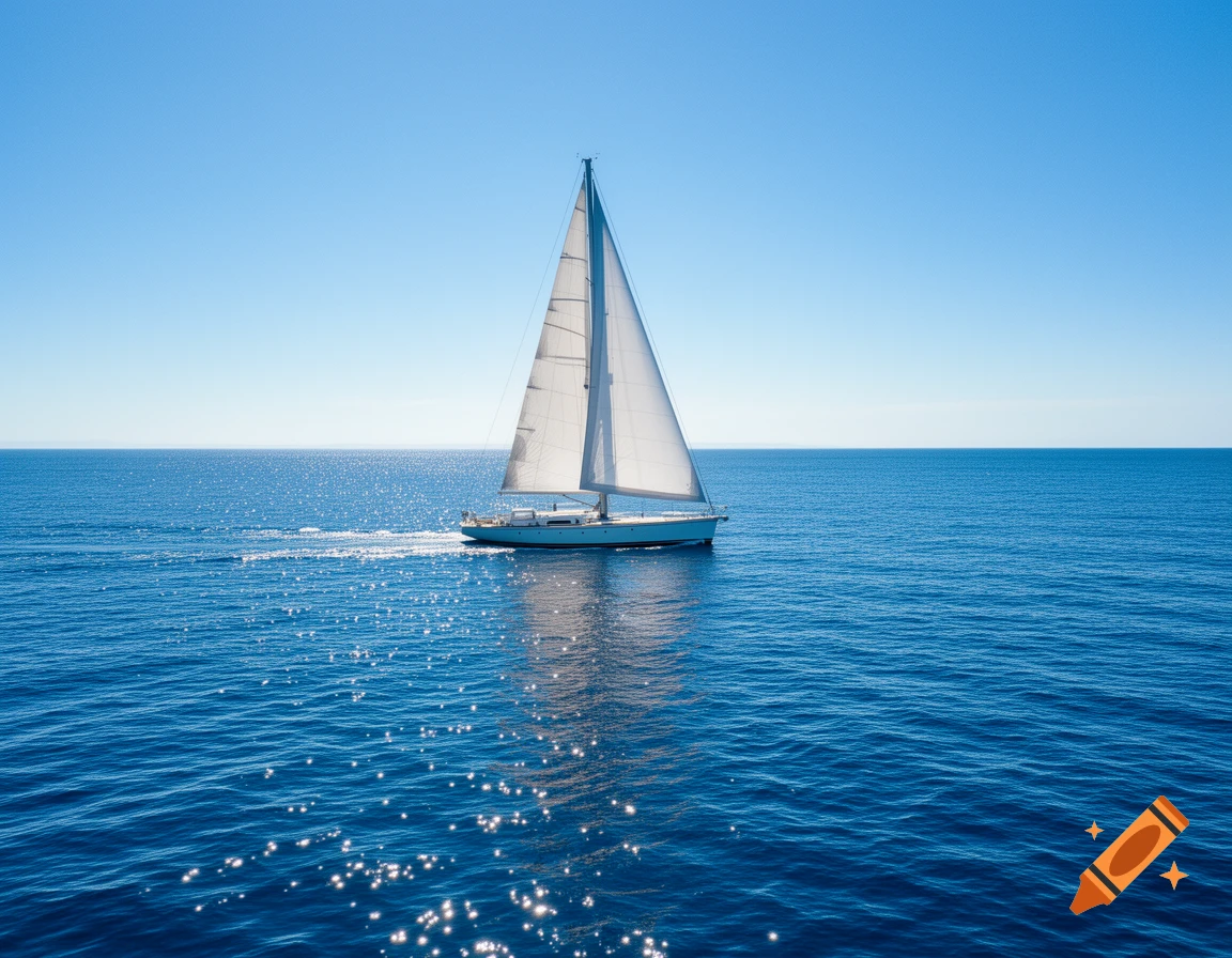 A white sailboat with a tall mast sails across a vast, calm blue ocean under a clear sky, leaving a slight wake.