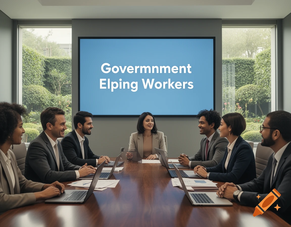 Diverse professionals in a boardroom meeting with laptops, a screen showing 'Governmnent Elping Workers' behind them.