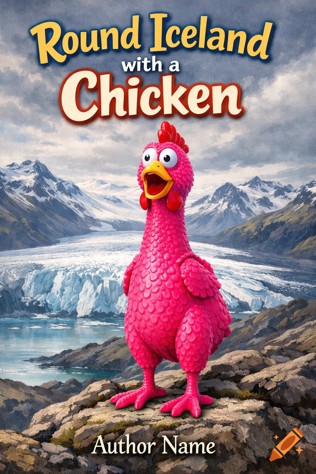 A bright pink rubber chicken stands on rocks overlooking an Icelandic glacier, with the book title 'Round Iceland with a Chicken' and 'Author Name'.