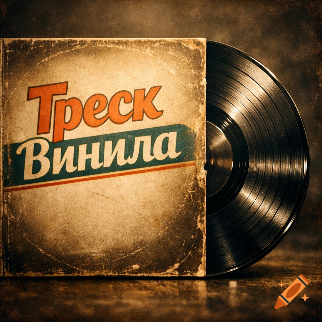 A vintage vinyl record with a distressed cover titled "Треск Винила" (Vinyl Crackle) partially revealing the black record.