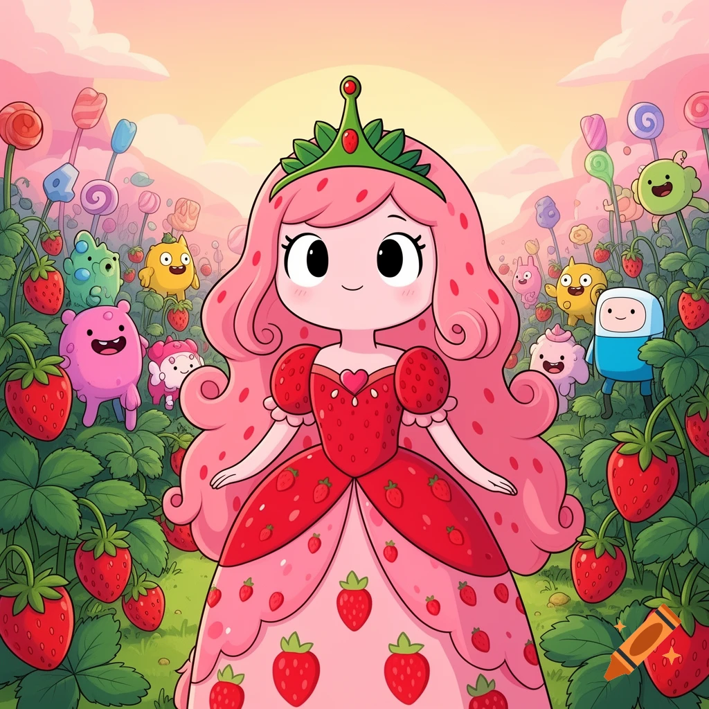 A cute Strawberry Princess with pink hair and a strawberry dress stands in a strawberry field, surrounded by Adventure Time-style characters and giant lollipops.
