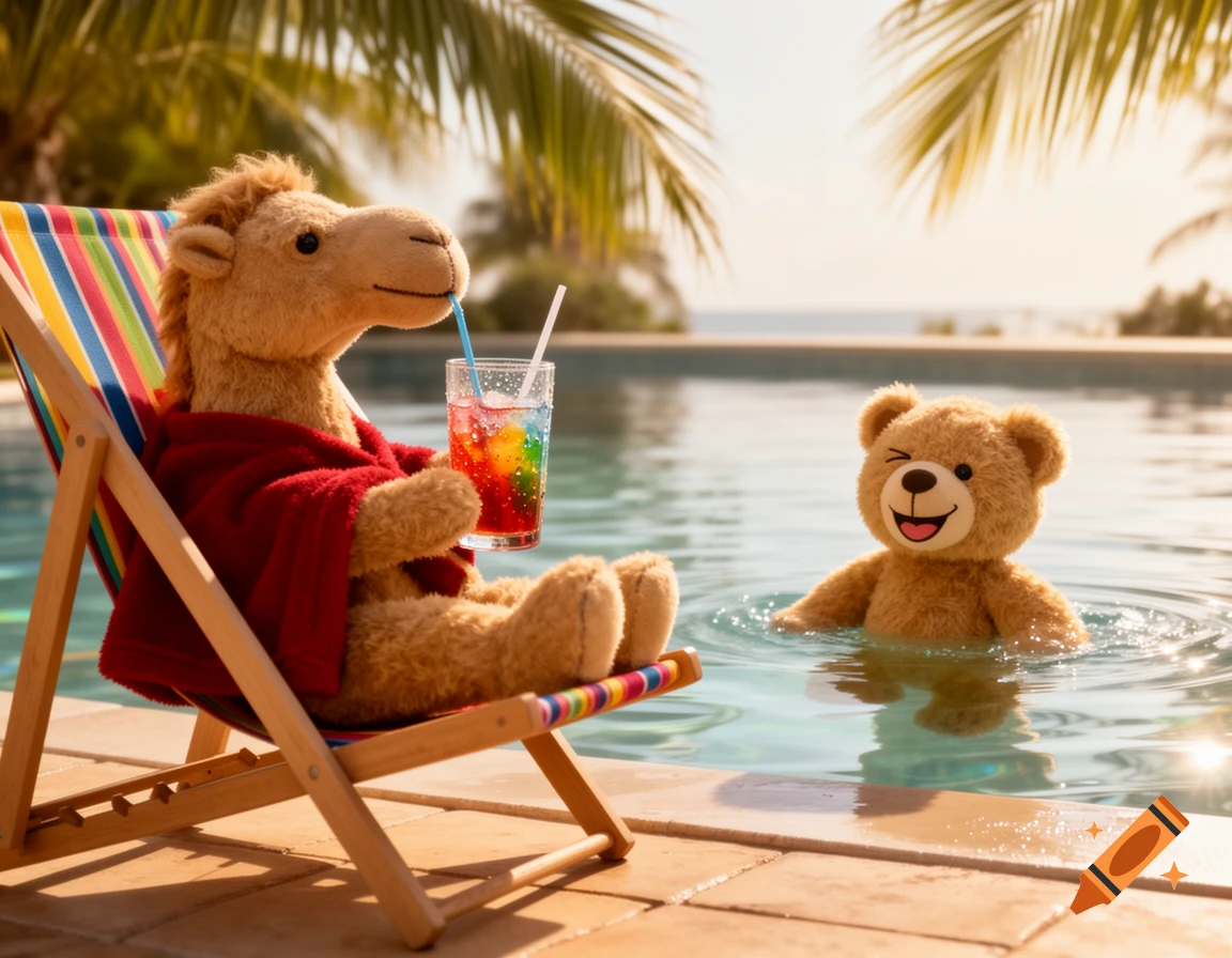A plush camel in a red towel sits in a colorful deck chair by a sunny pool, drinking. A winking teddy bear floats in the pool.