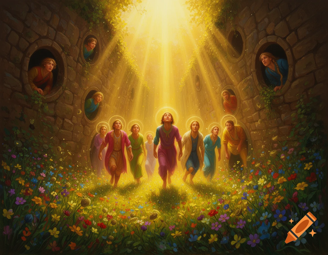 People with halos emerge from stone archways into a vibrant field of flowers, bathed in a brilliant golden light from above.