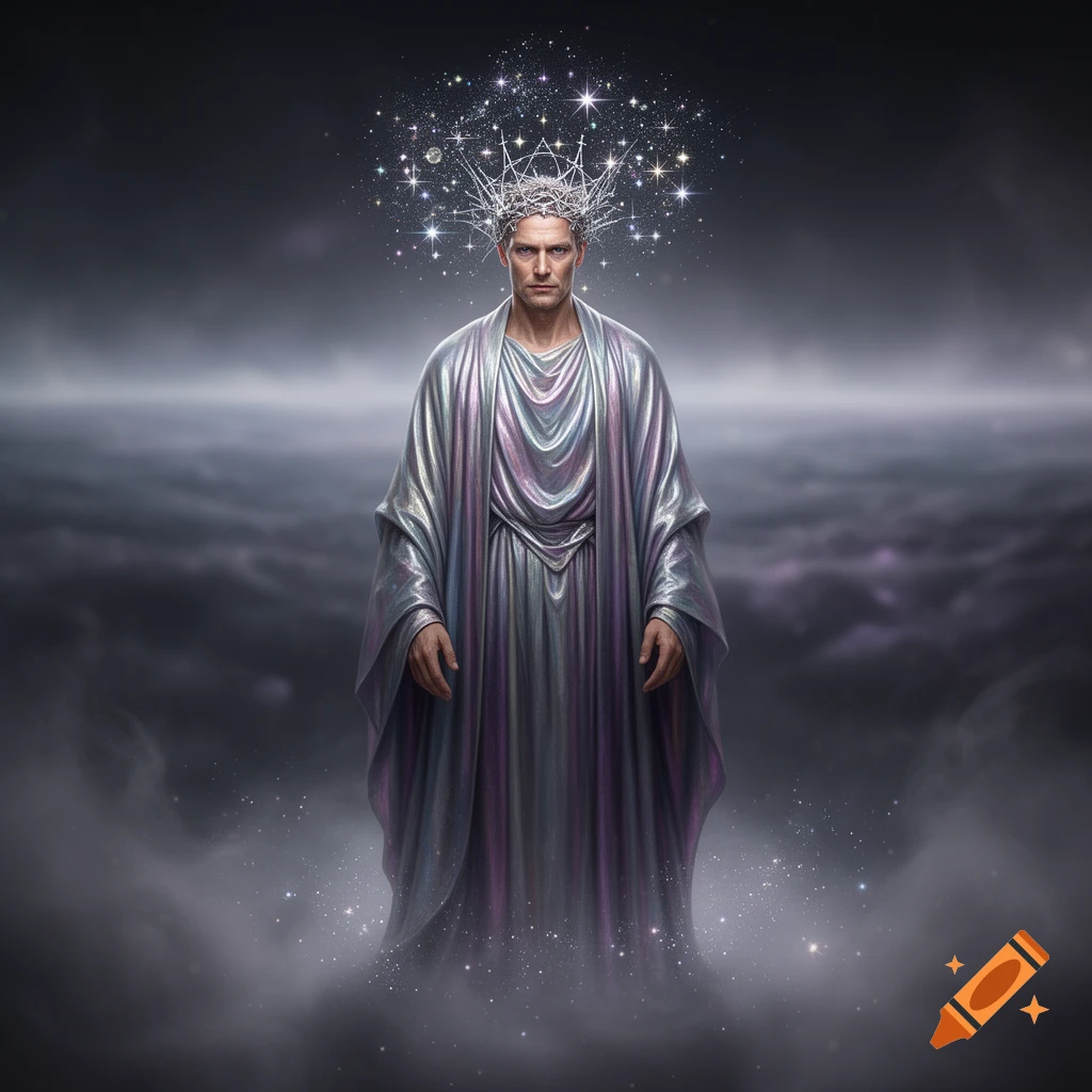 A majestic man in a shimmering robe and a crown of stars stands in an ethereal, cloudy realm.