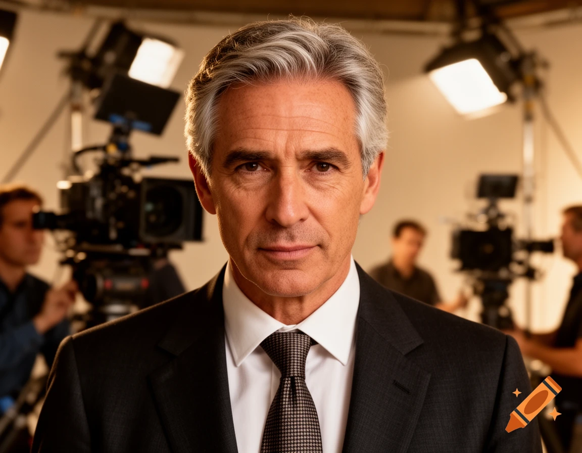 A serious middle-aged man in a suit and tie, in a television studio with cameras and lights, looking directly at the viewer.