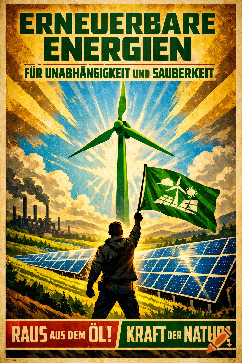 Vintage propaganda poster for renewable energy, with a person holding a flag, a wind turbine, solar panels, and text 'Renewable Energies'.