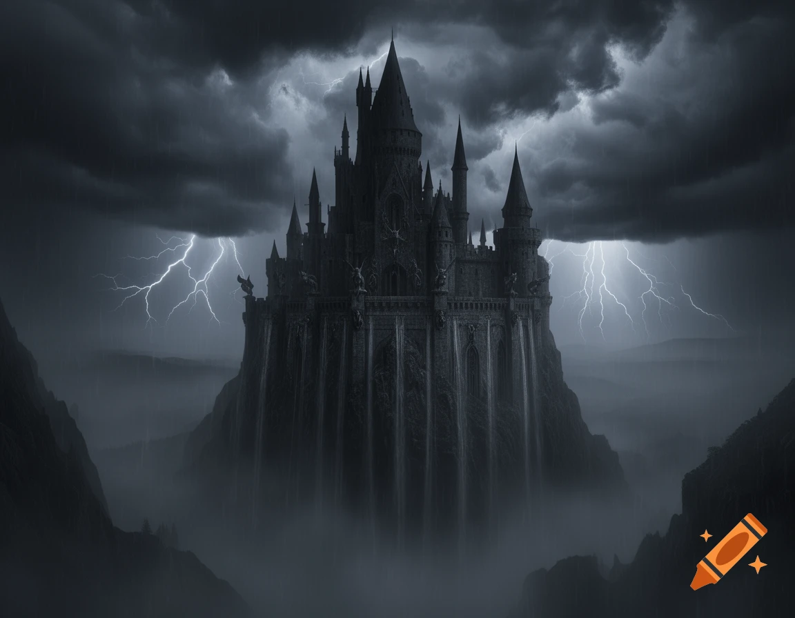 A dark, gothic fantasy castle stands on a cliff amidst a heavy storm with lightning strikes and swirling fog.