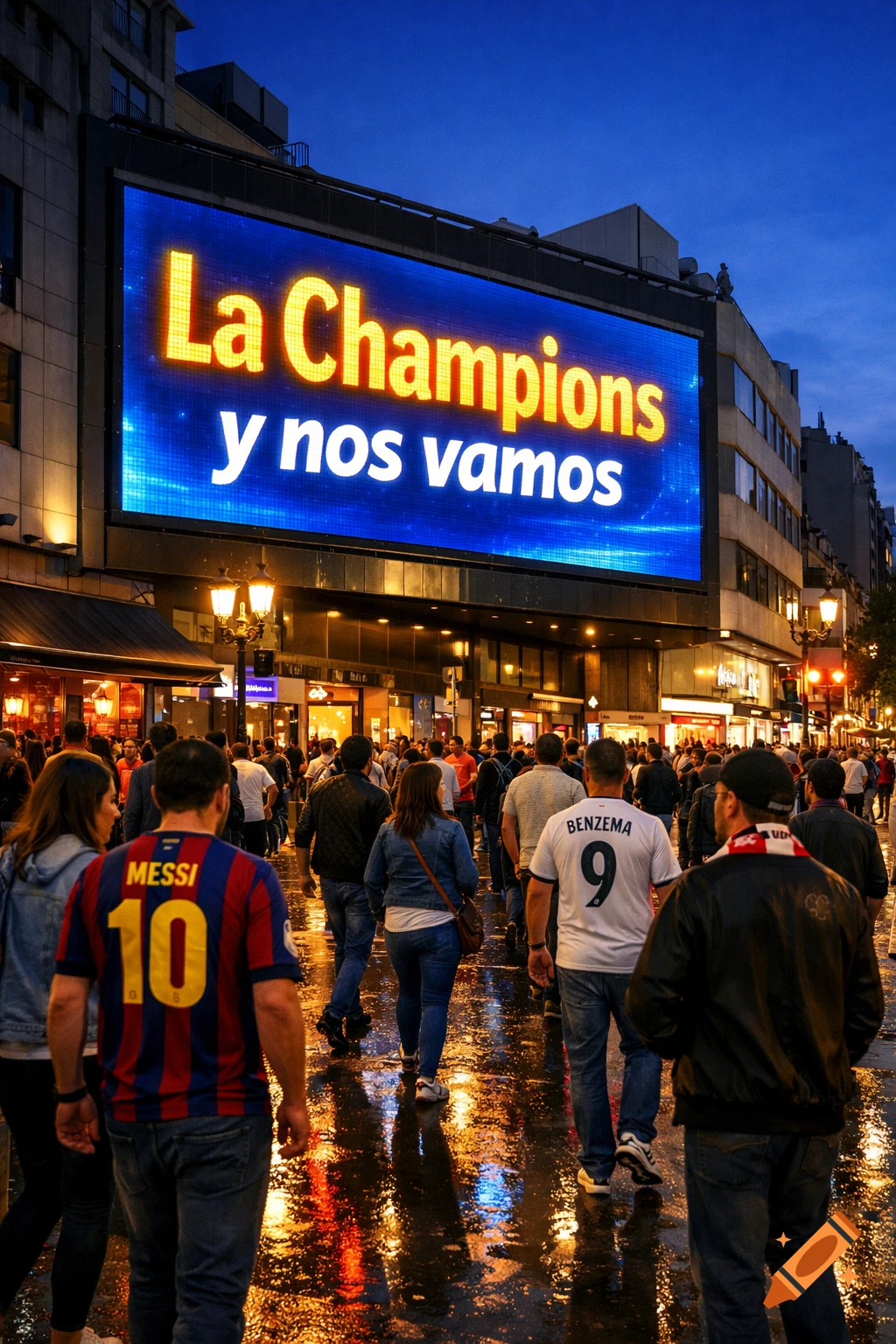 A crowd walks on a wet city street at night, beneath a bright billboard saying "La Champions y nos vamos".
