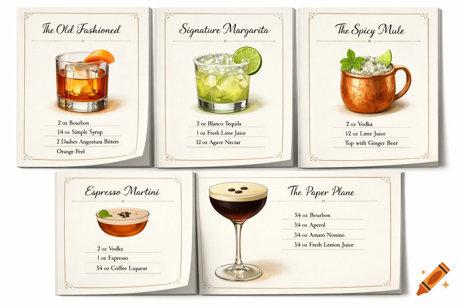 Five recipe cards, each illustrating a classic cocktail with its ingredients listed: Old Fashioned, Margarita, Spicy Mule, Espresso Martini, and Paper Plane.