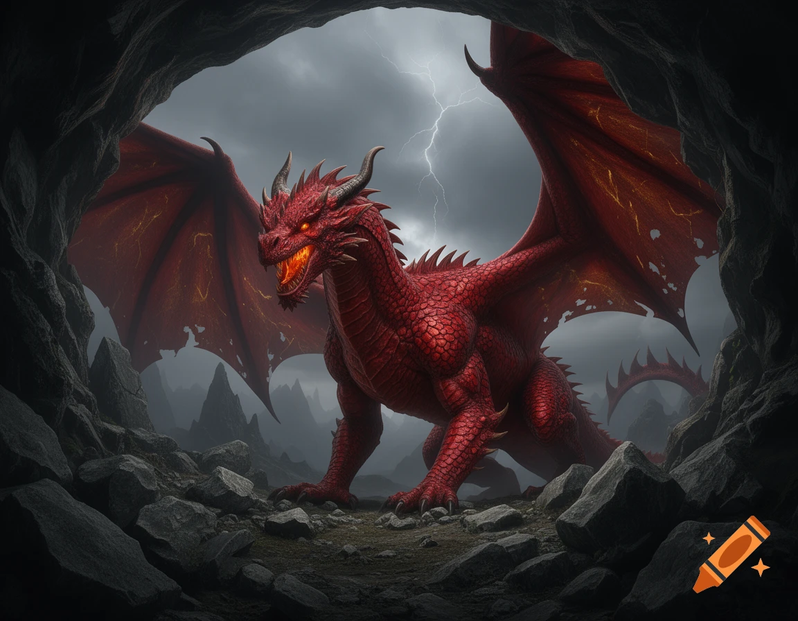 A majestic, scaly red dragon with glowing eyes and large wings guards a ...