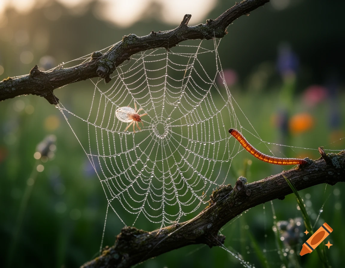 A spiderweb covered in dew drops with a translucent spider and a brown wireworm on a branch, against a blurry natural background.