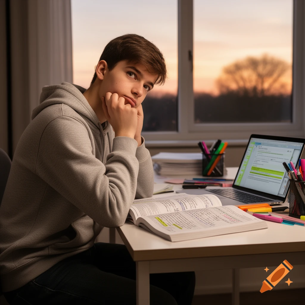 A young man with brown hair, in a gray hoodie, sits at a desk with an open book and laptop, looking thoughtful at sunset.