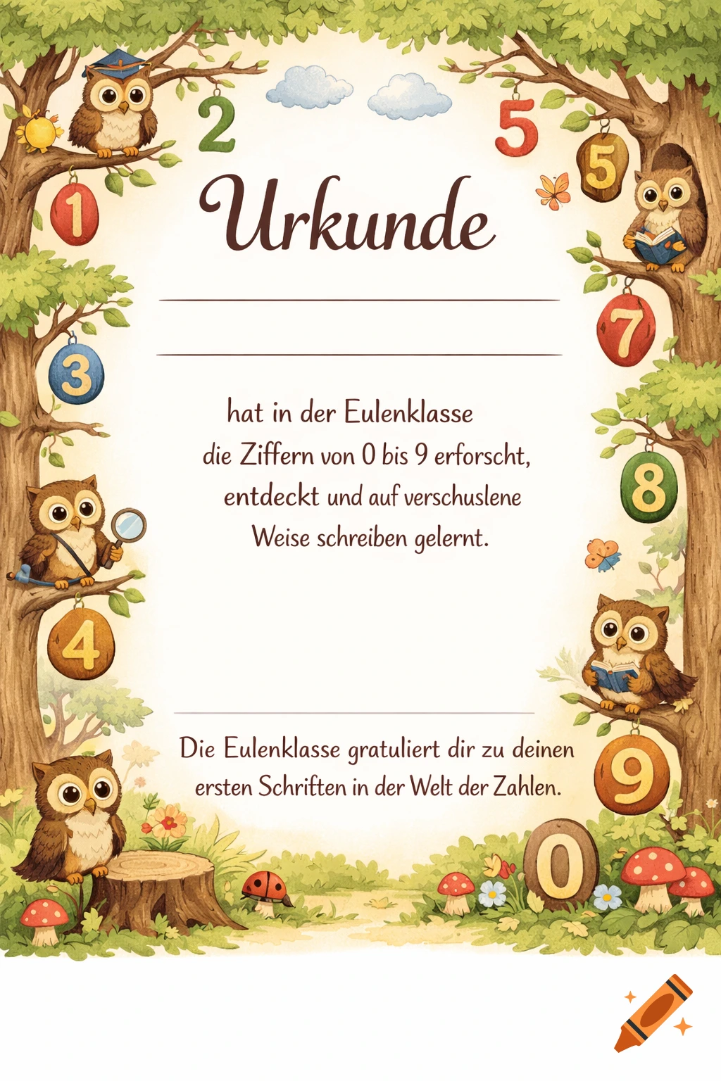 A whimsical children's certificate with a watercolor style, featuring owls and numbers 0-9 hanging from trees in a forest scene. The certificate has a title 'Urkunde' and German text celebrating learning numbers.