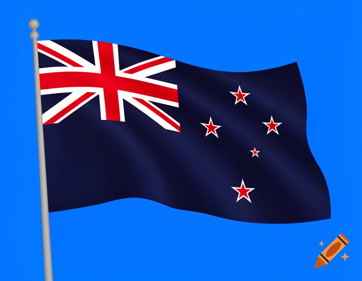 New Zealand flag waving against a blue sky